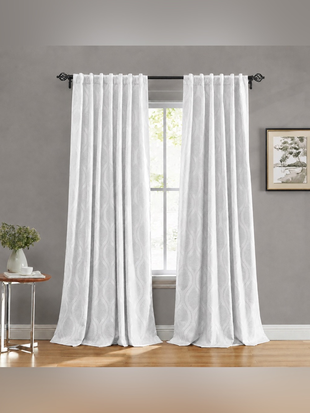 Set of 4 White & Light Gray Flocked Trellis Curtain Panels 52x96